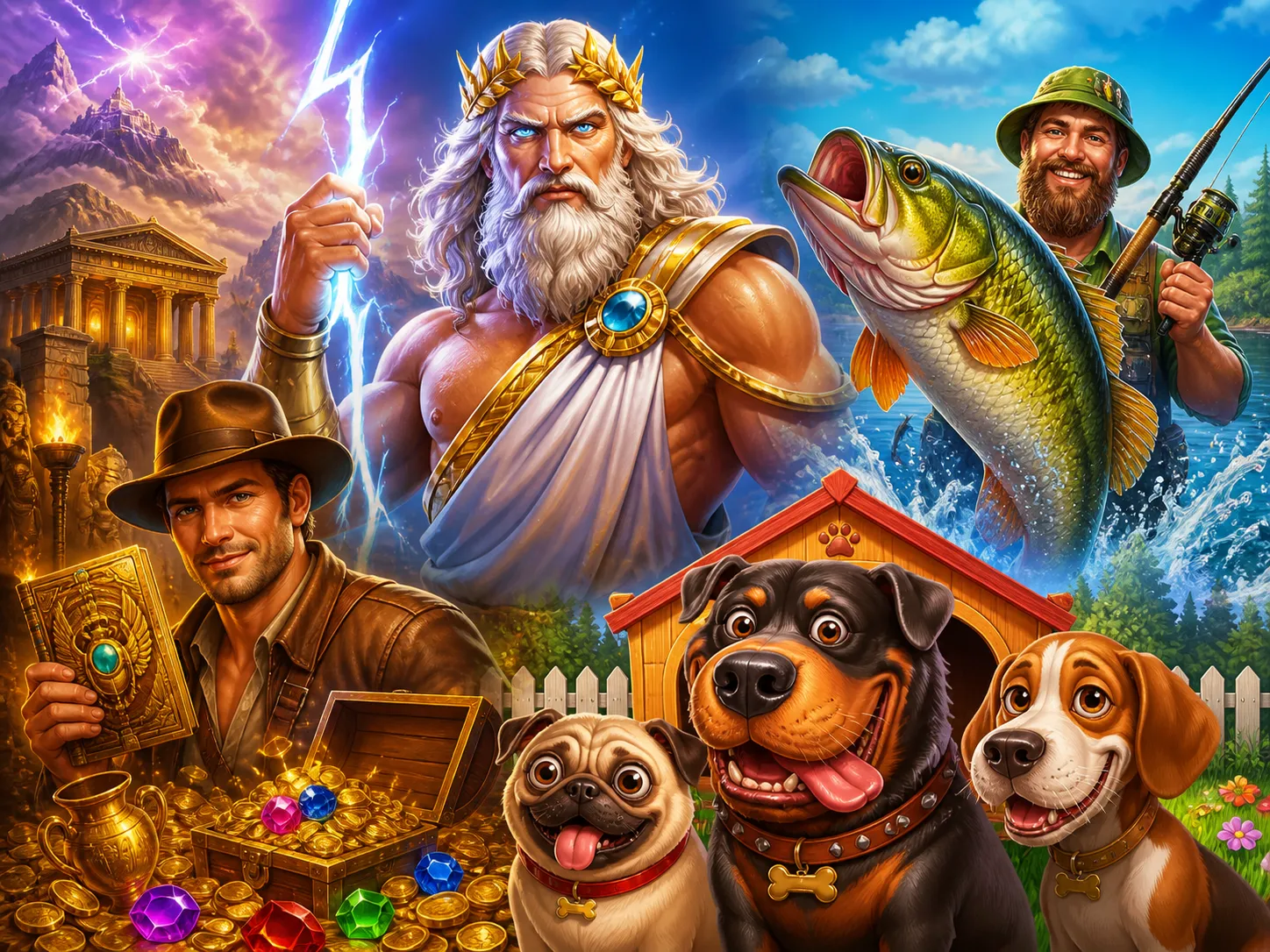 Vibrant promotional artwork featuring a dynamic blend of slot game characters and fantasy worlds.