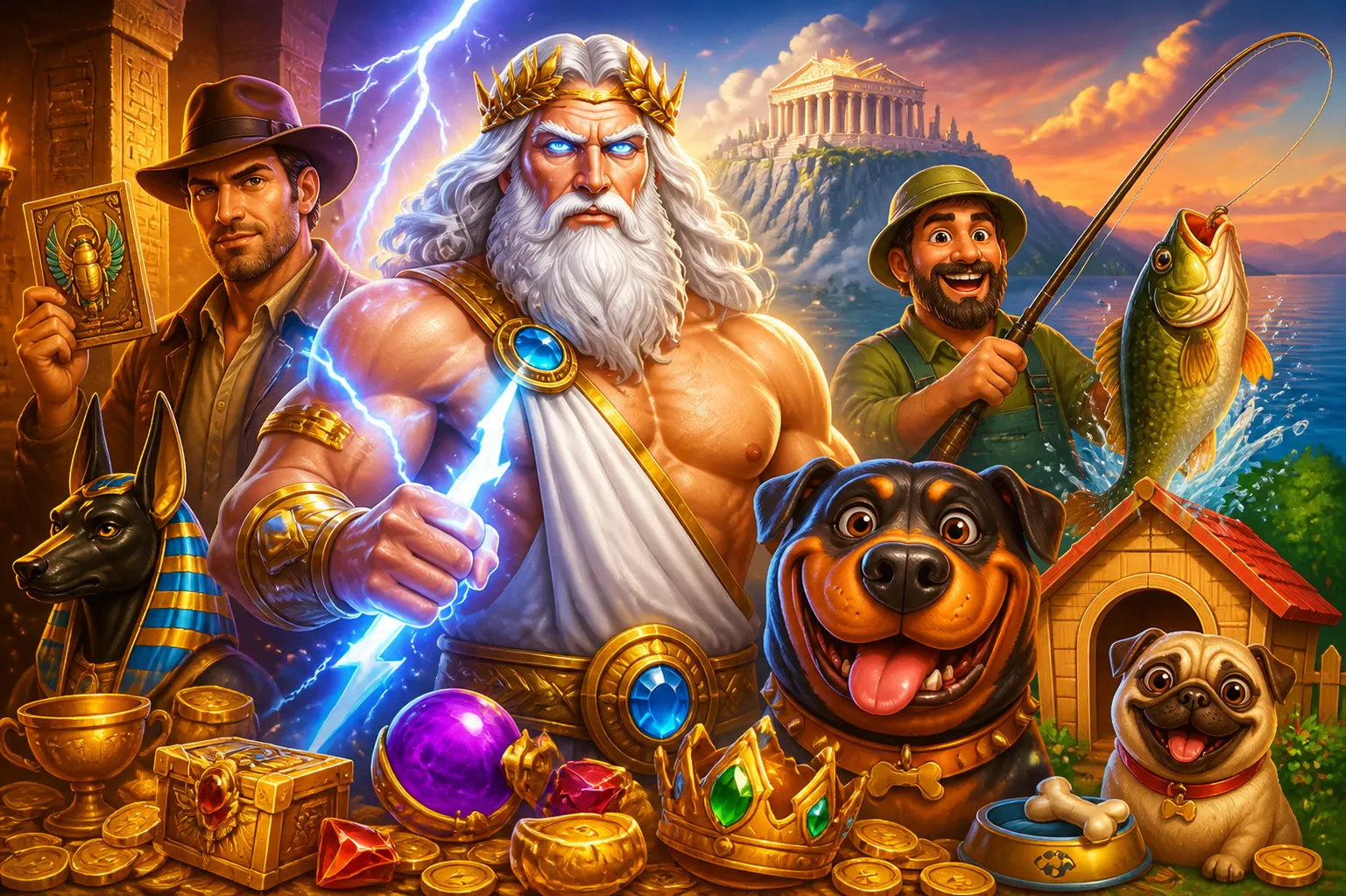 Cinematic slot game popup featuring mythical hero amidst dramatic fantasy landscape with vibrant characters and symbols.